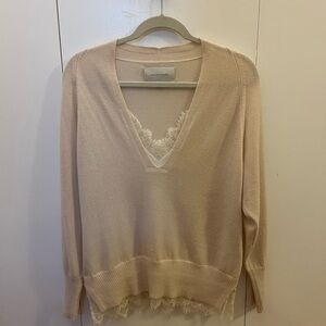 Brochu Walker Cream V-Neck Sweater with Lace Trim